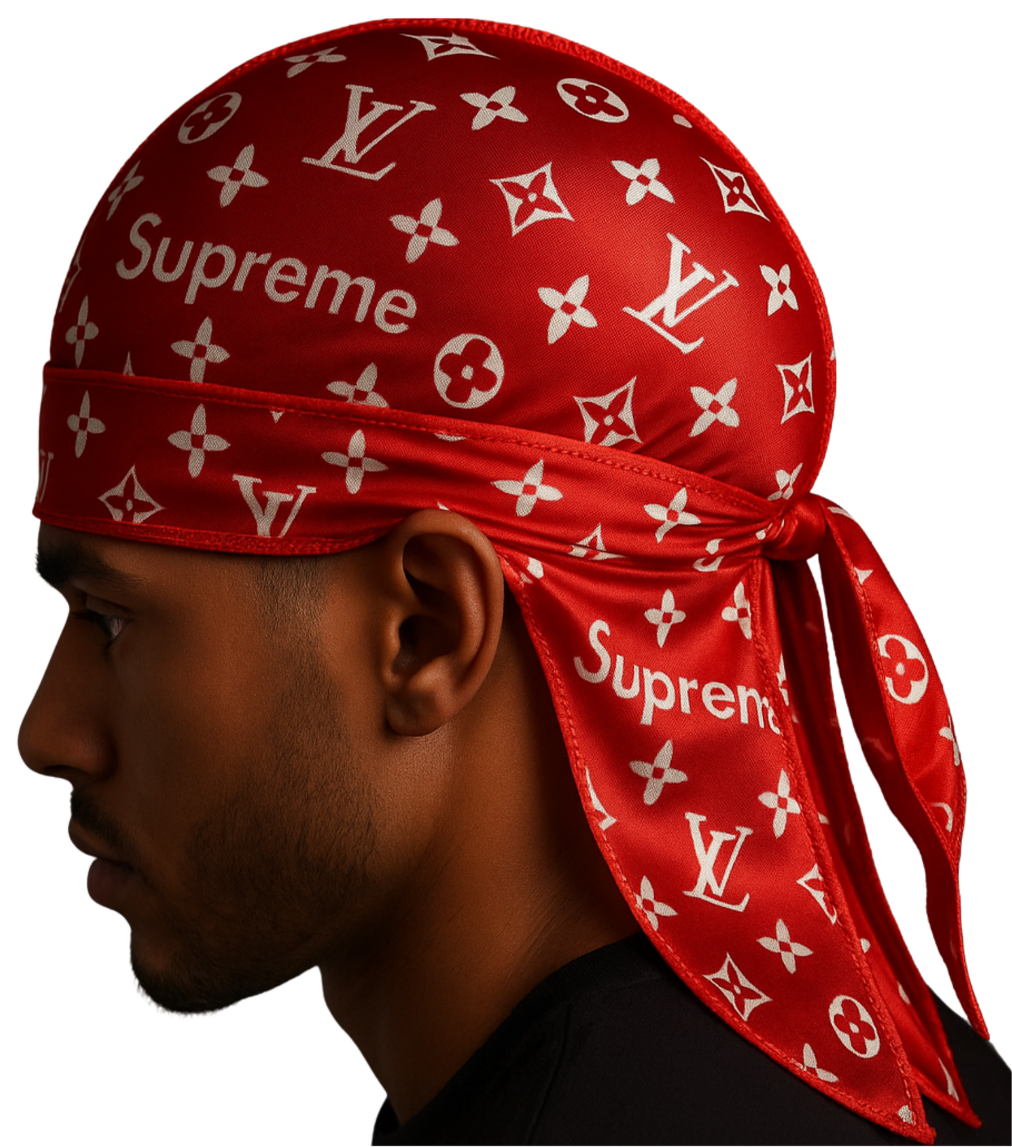 Red bandana with white logos and 'Supreme' text worn by a person on a white background