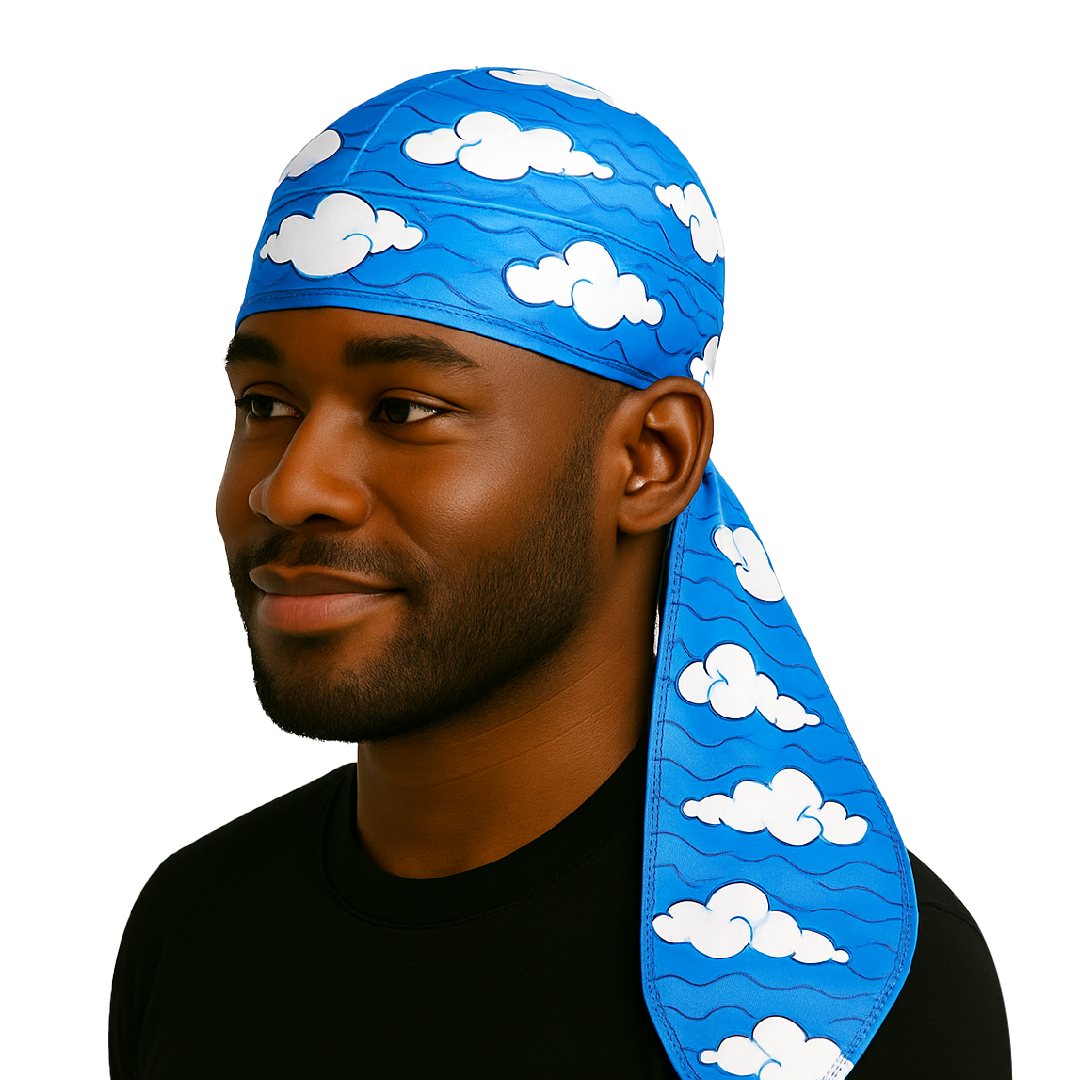 Water Sakonj - Silky Crown Durag in blue with white cloud pattern, designed for hair protection and moisture retention.
