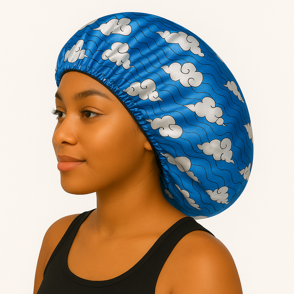 Woman wearing a blue satin bonnet with cloud pattern, showcasing the Water Sakonj - Silky Crown Bonnet.