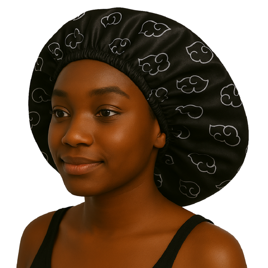 Black Cloud - Silky Bonnet worn by woman, made of soft satin with white cloud patterns for hair protection.