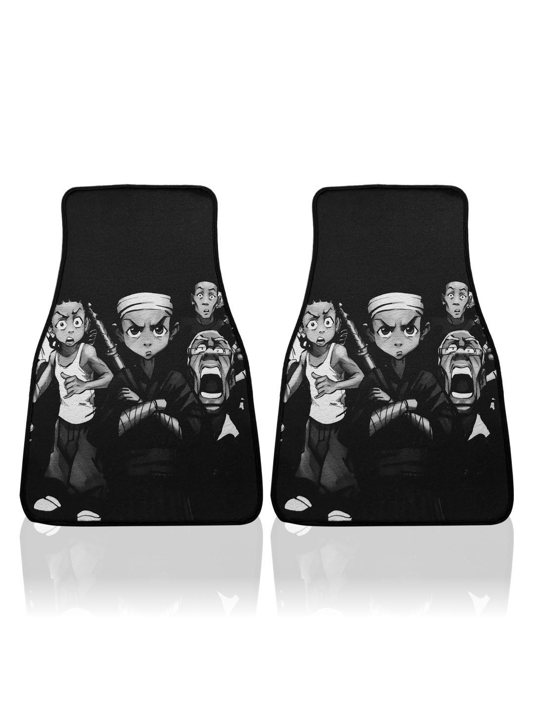 Anime Car Carpet Mat 2pcs Set Black Boons featuring anime character designs on durable black car floor mats.