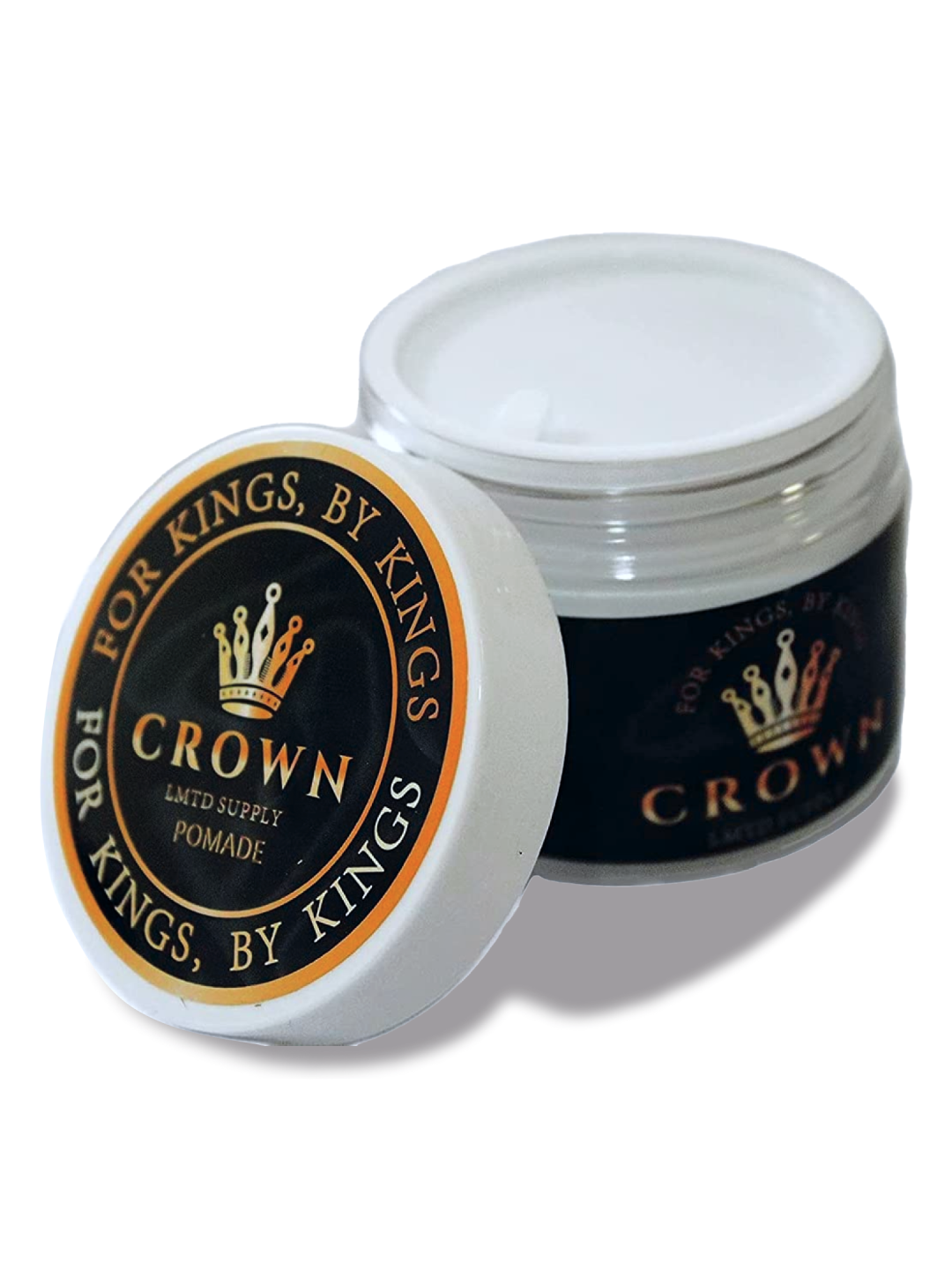A container of Crown Pomade with the lid off, showing the product inside. The container has a black label with orange and white accents and the brand name 'CROWN' prominently displayed.