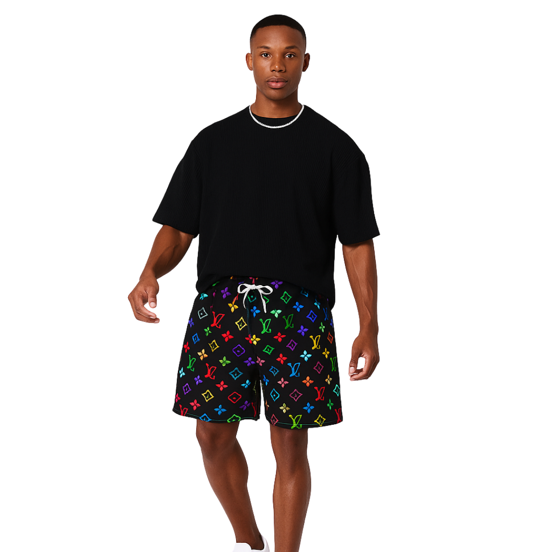 Black Multicolor LLV Design Shorts